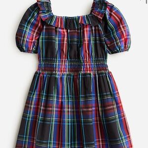 J. Crew Girls' puff-sleeve dress in black Stewart tartan